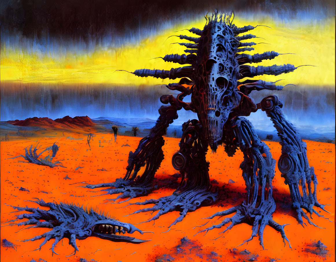 Alien landscape with bone tree creature on orange terrain under yellow sky