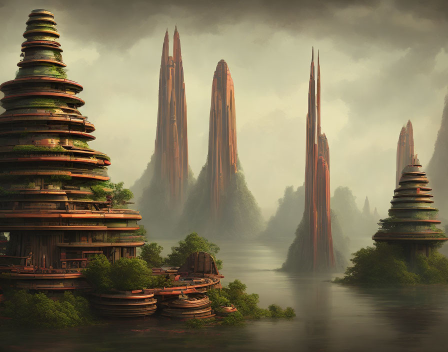 Fantasy landscape with towering spires and misty river