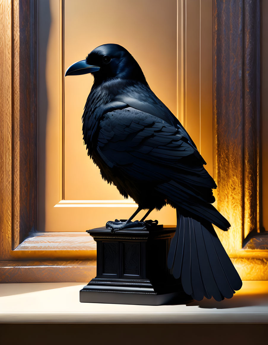 Black raven on pedestal in warm light with shadows.