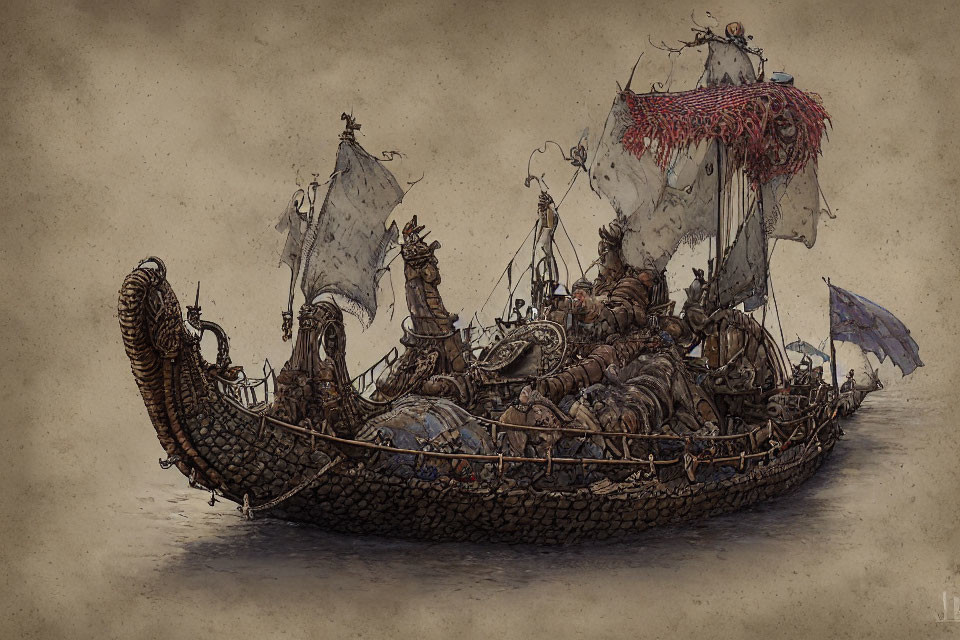 Illustration of weathered Viking longship at sea with warriors, sails, shields