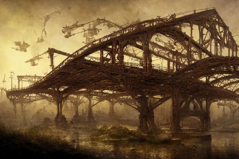 Dystopian industrial bridge with cable cars in foggy landscape