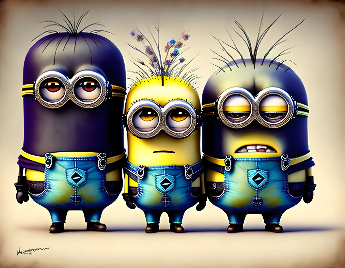 Three animated minions with purple, yellow, and blue colors, each showcasing unique expressions and hairstyles.