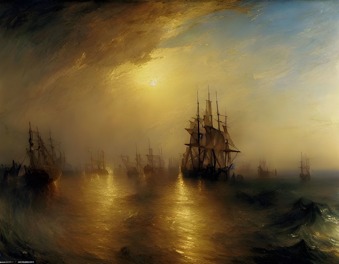 Golden-lit sea with sailing ships under dramatic sky