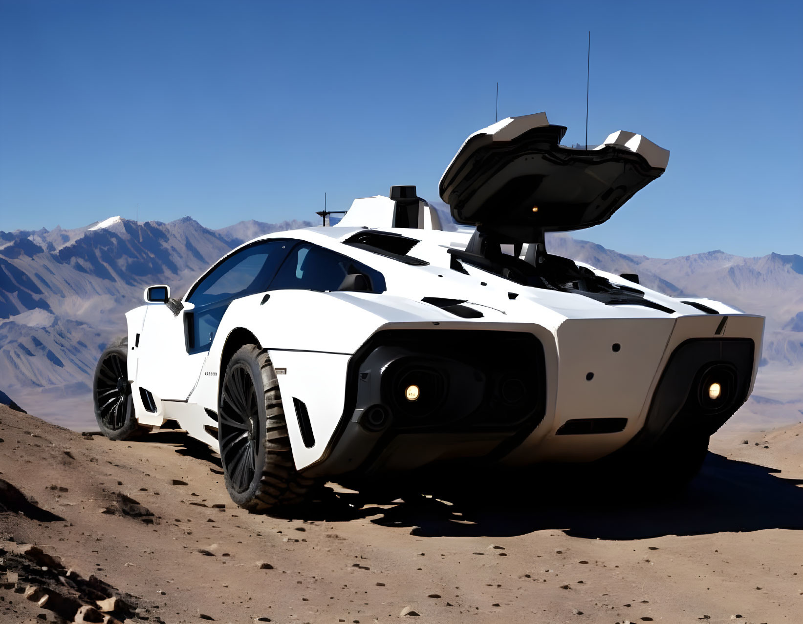 White Armored Vehicle with Large Wheels in Desert Landscape