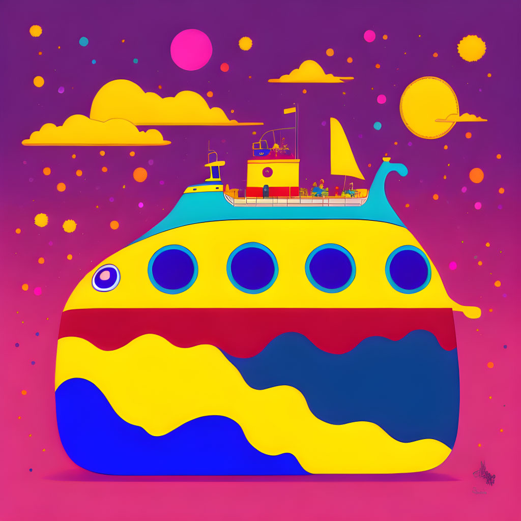 Vibrant Whimsical Ship Illustration on Purple Background