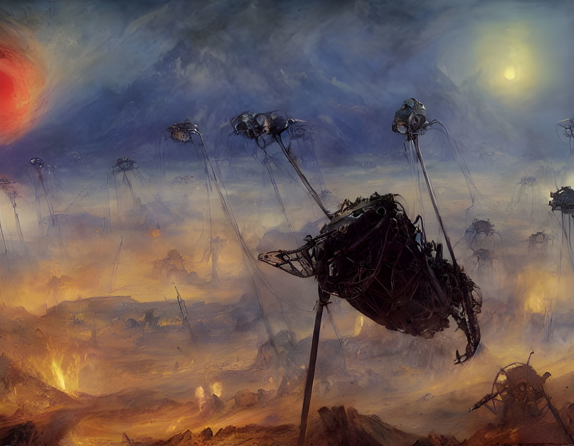 Dystopian landscape with towering tripods and dual suns