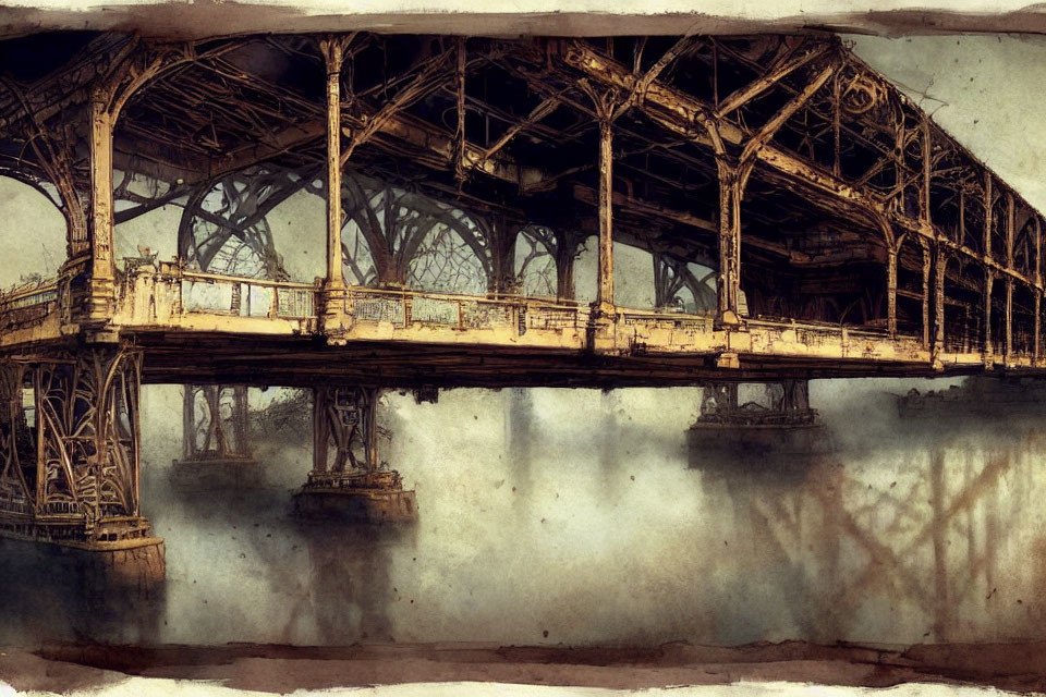 Aged metal bridge with intricate trusses reflected in water - vintage sepia-toned atmosphere