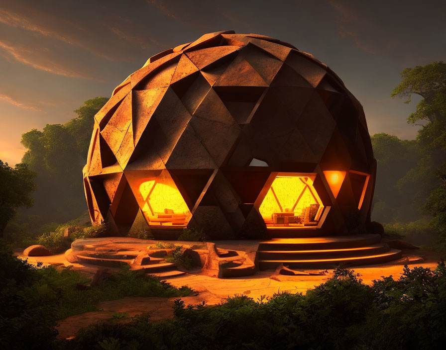 Geodesic dome house with warm lights in serene forest at dusk