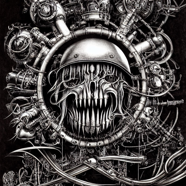 Detailed Monochrome Illustration of Mechanical Skull Entity with Sci-Fi Vibe
