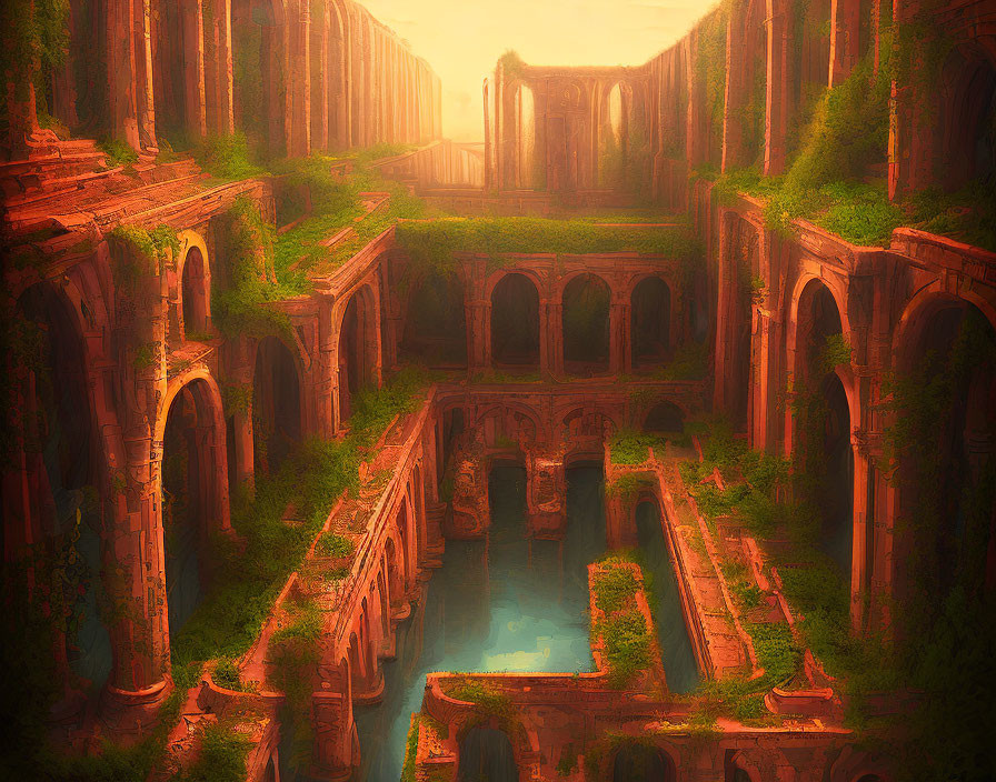 Ancient ruin with arches, columns, and serene waterway in sunlight