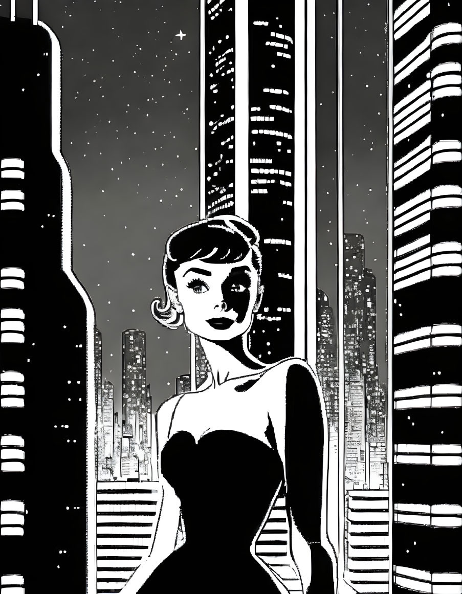 Woman in black dress with retro hairstyle against cityscape and starry sky