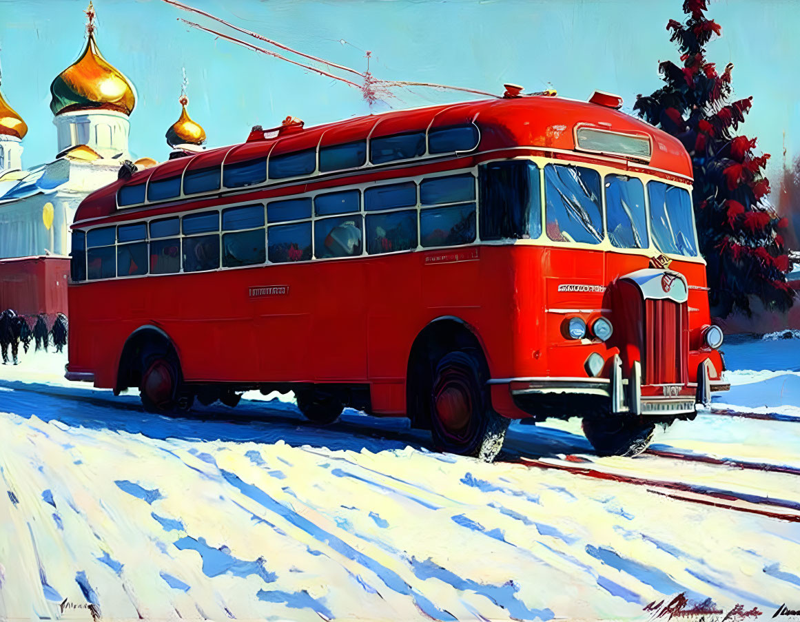 Vintage Red Trolleybus on Snowy Street with Golden-Domed Building in Background