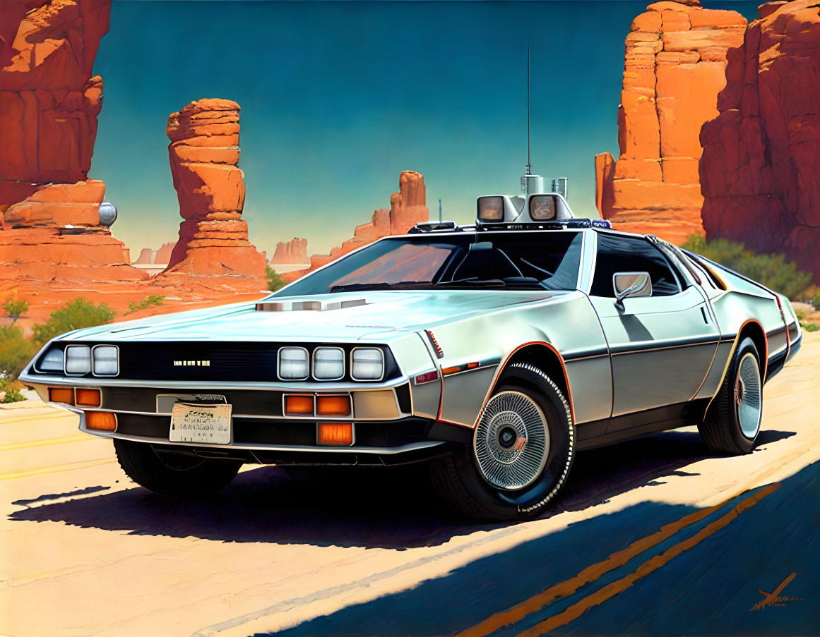 Vintage DeLorean with open gull-wing doors in desert landscape