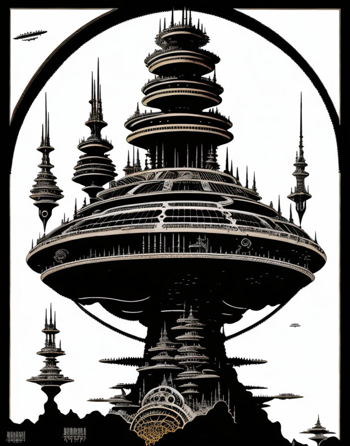 Detailed Dark Futuristic Cityscape with Spires & Central Tower