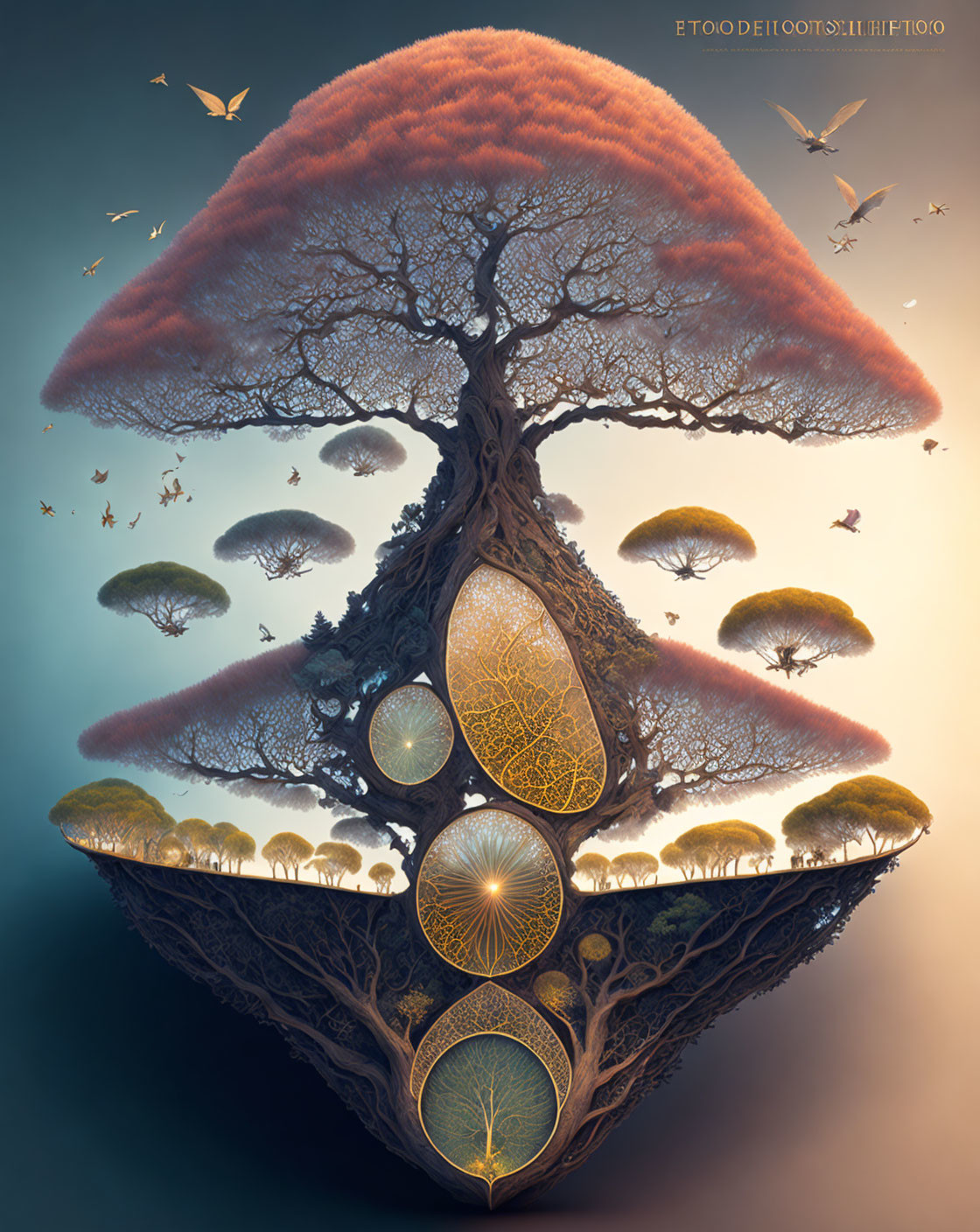 Surreal inverted tree with interconnected orbs and smaller trees in dreamy setting