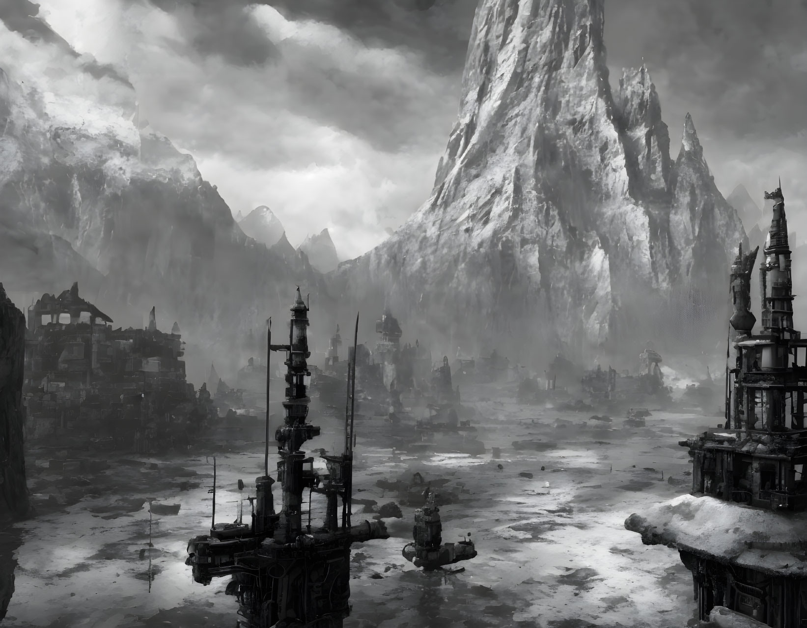 Monochrome fantasy landscape with mountain peaks, ruins, and industrial structures