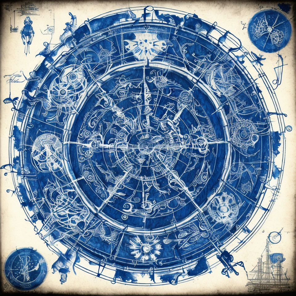 Detailed Vintage Blueprint of Intricate Astronomical Instrument