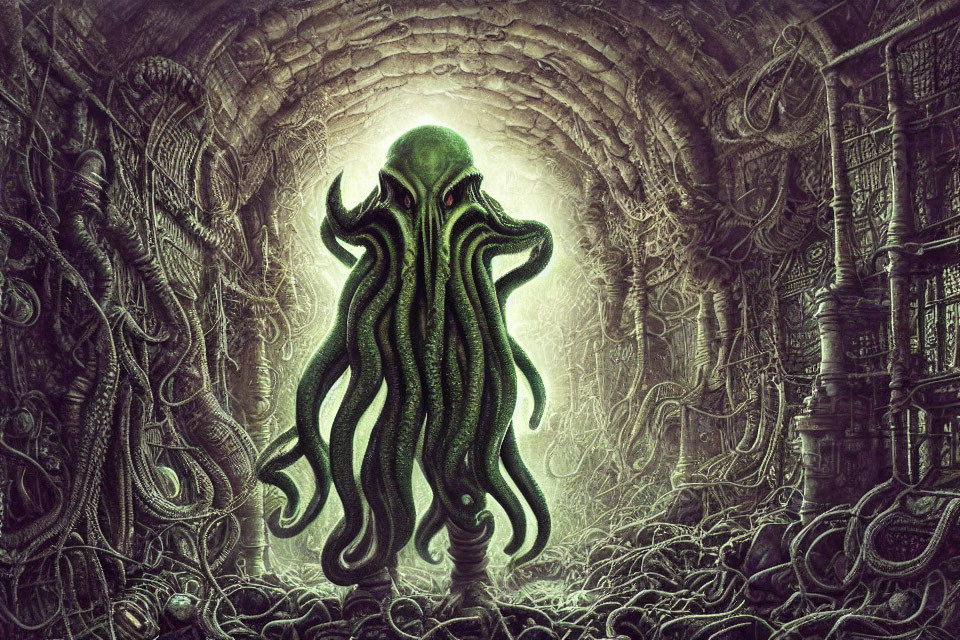 Detailed Green Tentacled Creature in Elaborate Tunnel