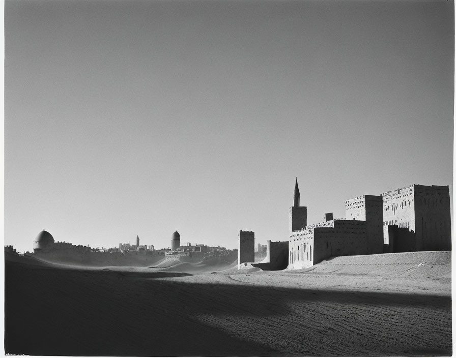 Monochrome desert landscape with Middle Eastern skyline.