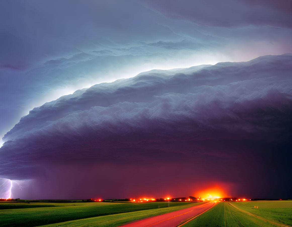 Dramatic supercell thunderstorm with lightning and city lights, ominous shelf cloud over rural highway at