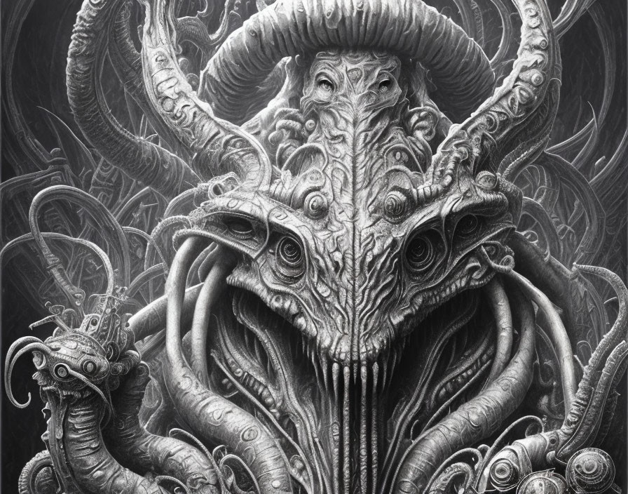 Detailed monochrome creature illustration with tentacles, horns, and multiple eyes.