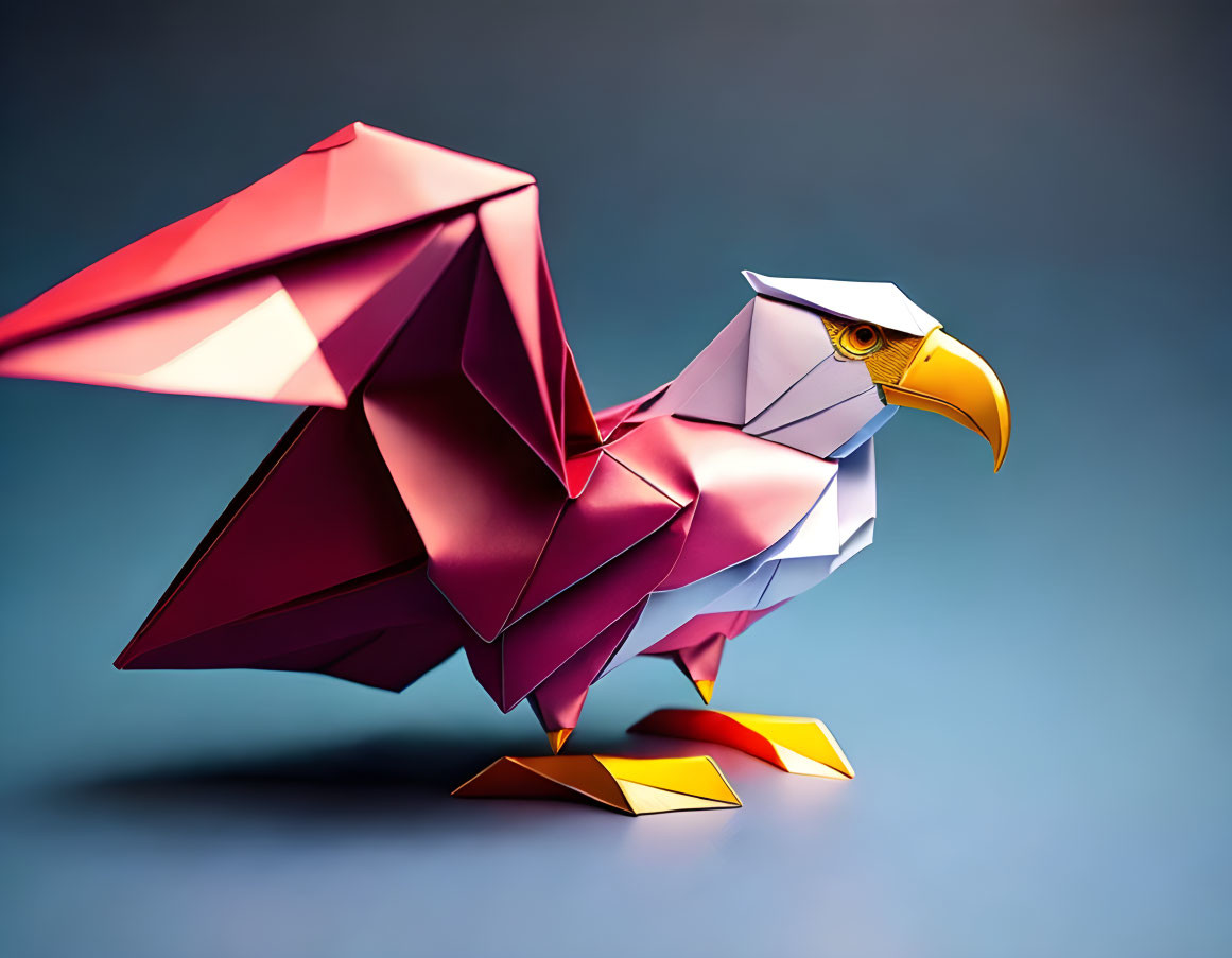 Vibrant origami eagle with red, white, and yellow details on blue background