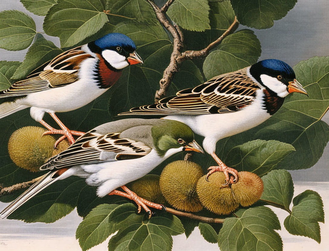 Colorful Finches Perched on Branches Eating Green Fruits