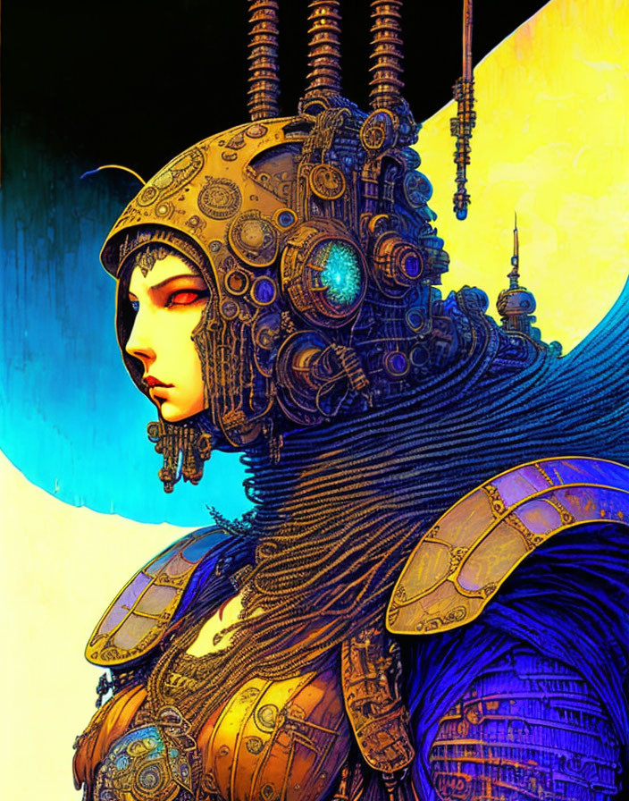 Detailed futuristic woman illustration in vibrant blue and gold colors