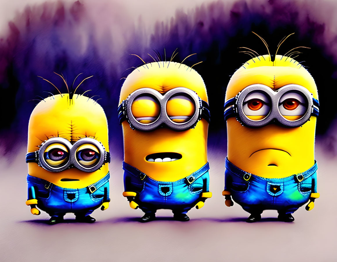 Three Minions with different expressions on purple background