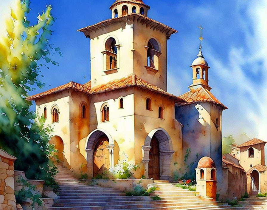 Vibrant watercolor painting of old-world church in sunny village