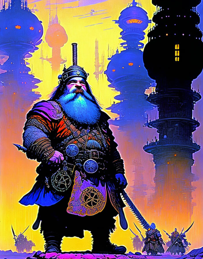 Majestic dwarf king in ornate armor with spires background