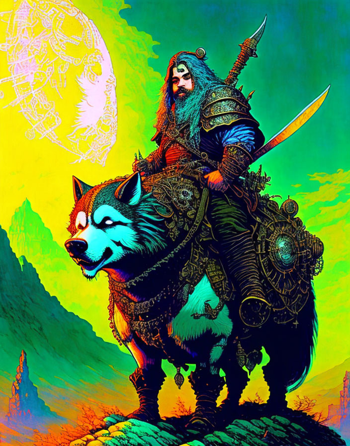 Fantasy illustration of dwarf warrior on armored wolf in vibrant setting