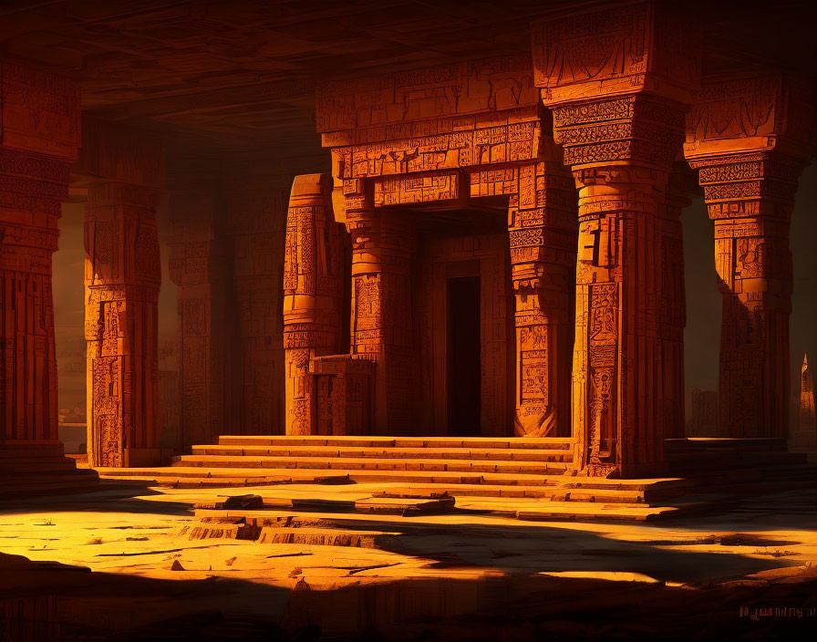 Ancient temple with ornate pillars and steps in warm golden light