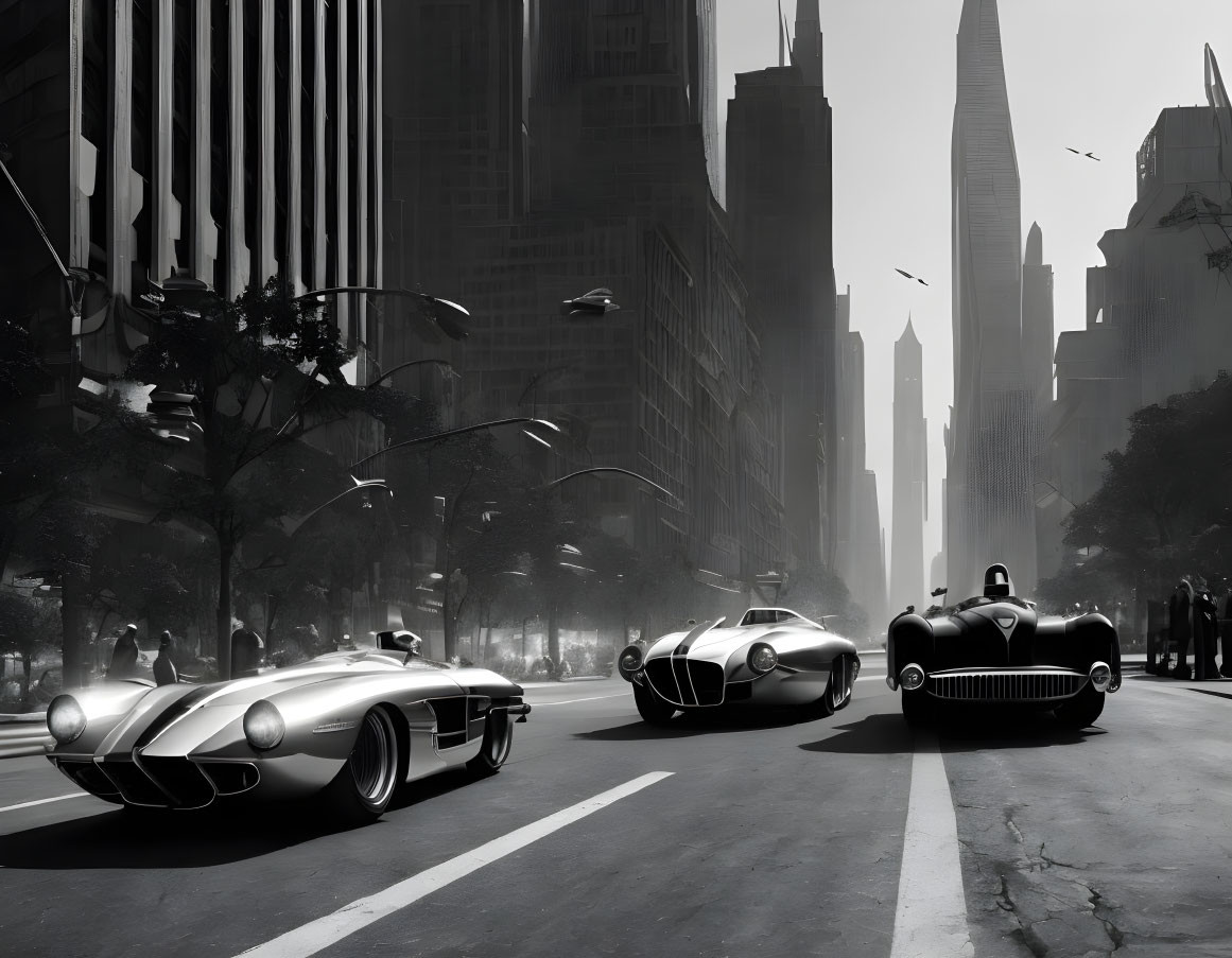 Monochrome cityscape with vintage-style cars