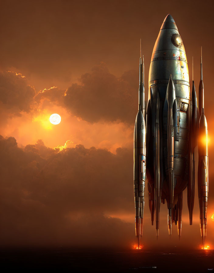 Futuristic rocket launching at sunset with warm glow