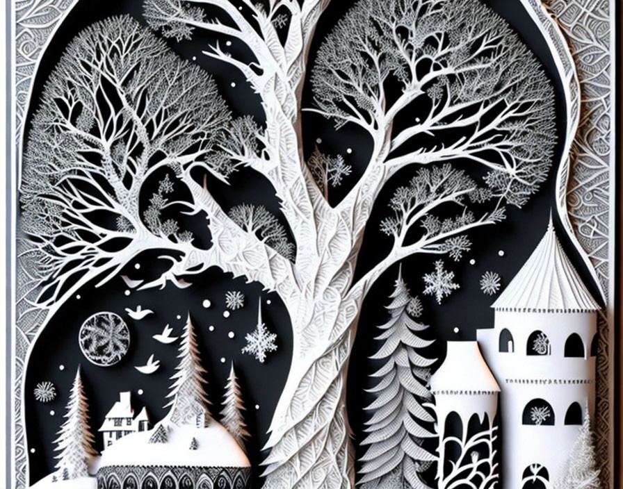 Detailed Black and White Paper Cut Art of Symmetrical Tree and Fantasy Landscape