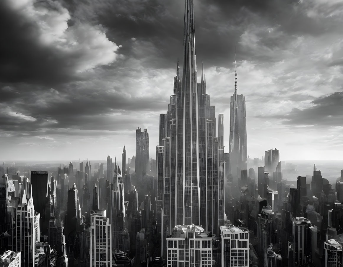 Monochromatic futuristic cityscape with skyscrapers under cloudy sky