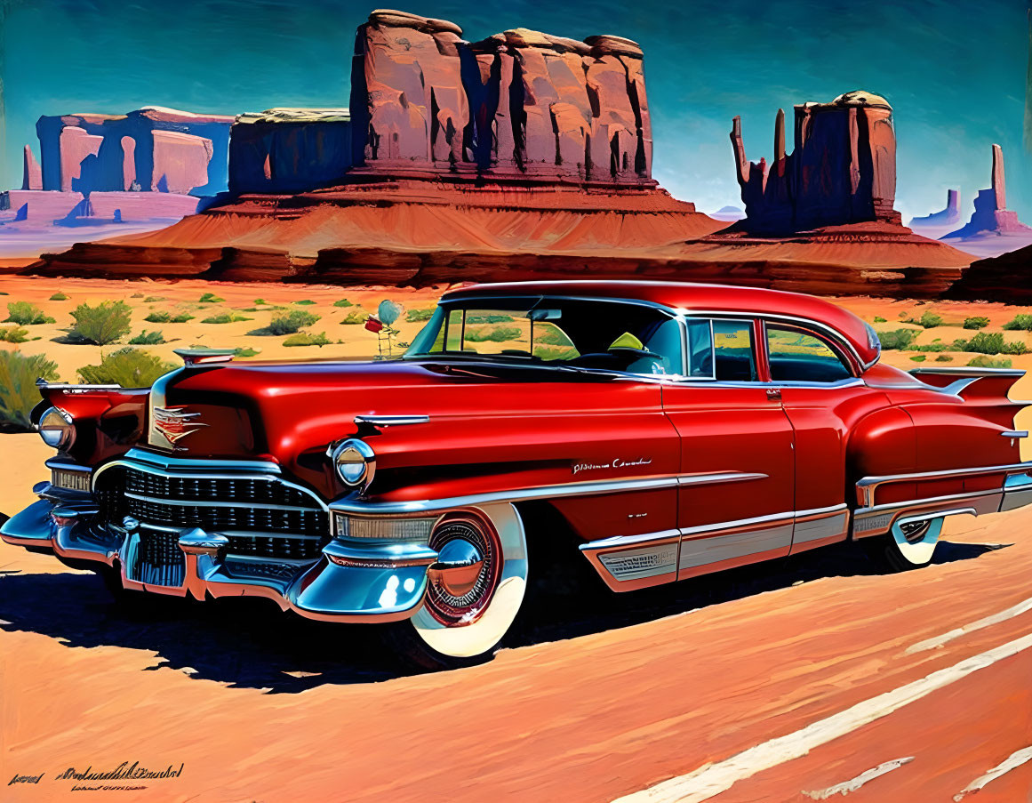 Colorful illustration: Red Cadillac in desert with rock formations