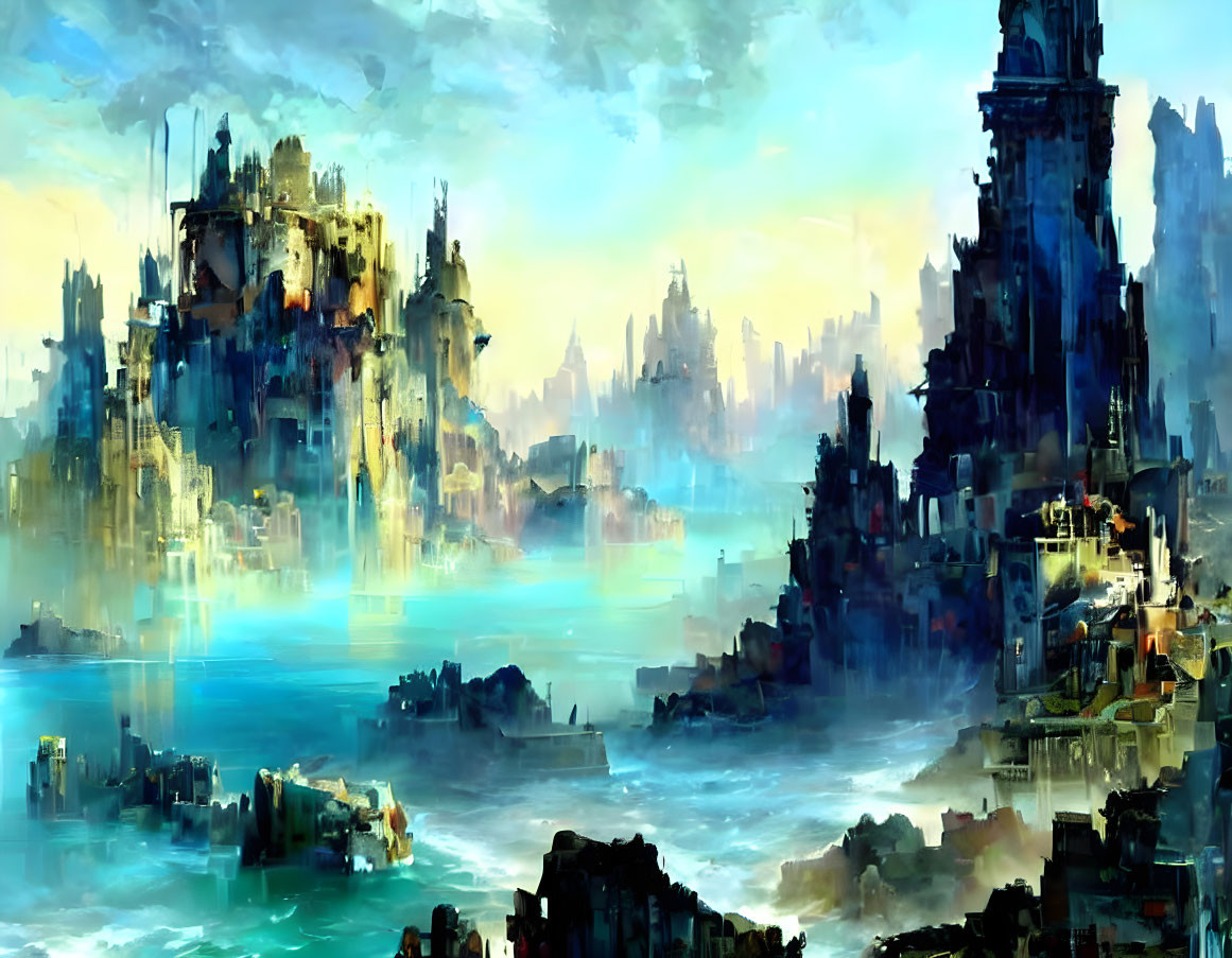 Fantastical cityscape with towering spires and castles by misty sea