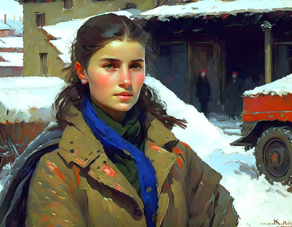 Young woman in beige coat and blue scarf standing in snowy street.