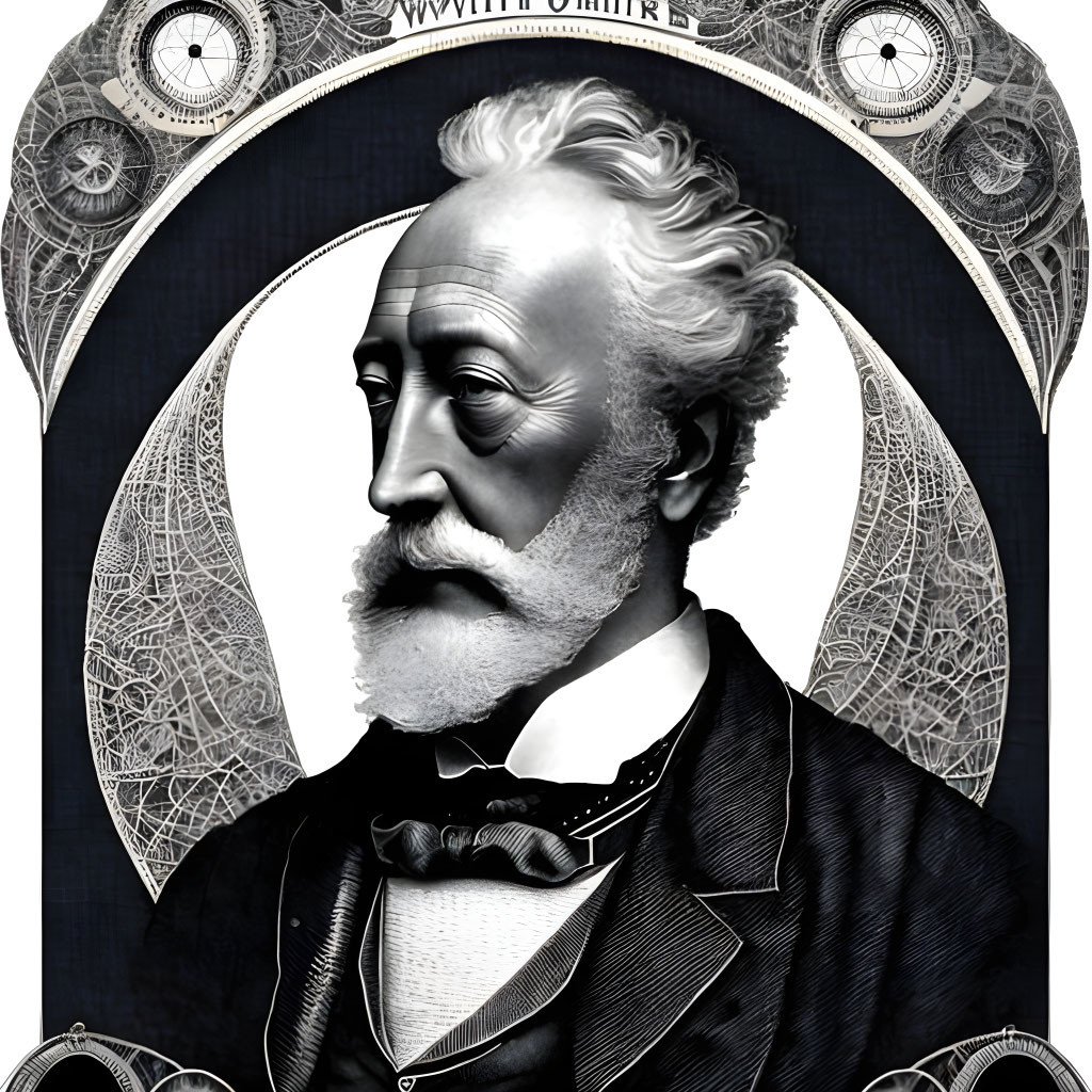 Monochrome illustration of gentleman with full beard and bow tie surrounded by ornate patterns and clock elements