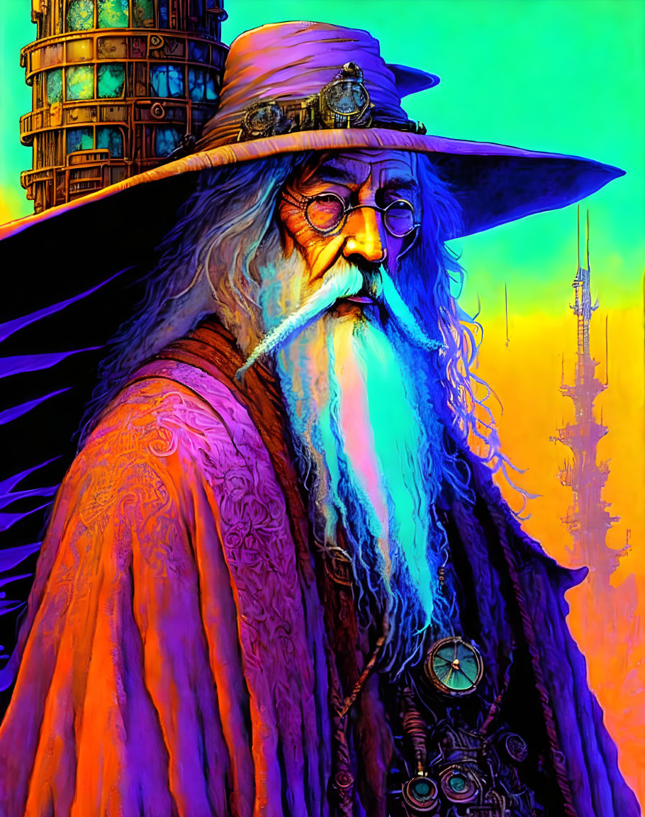 Colorful illustration: Bearded wizard in hat with mysterious tower