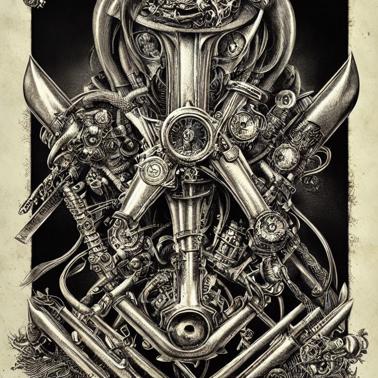 Symmetrical monochrome steampunk art with intricate gears and hourglass.