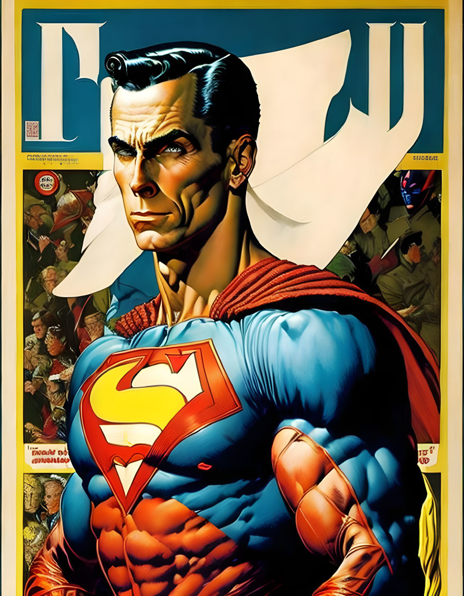 Superman illustration with clenched fist and "S" emblem in front of adoring fans