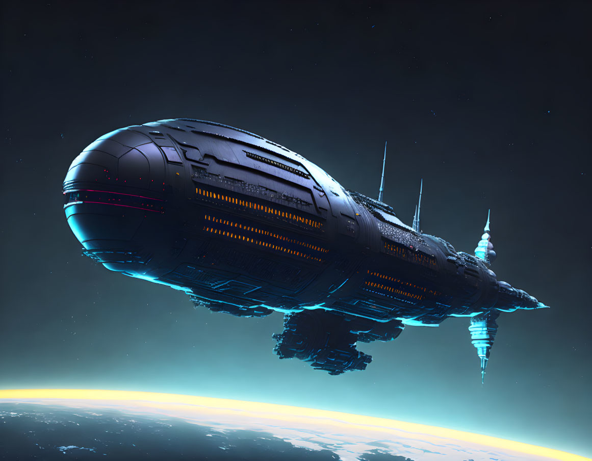 Futuristic spaceship hovering in Earth's atmosphere