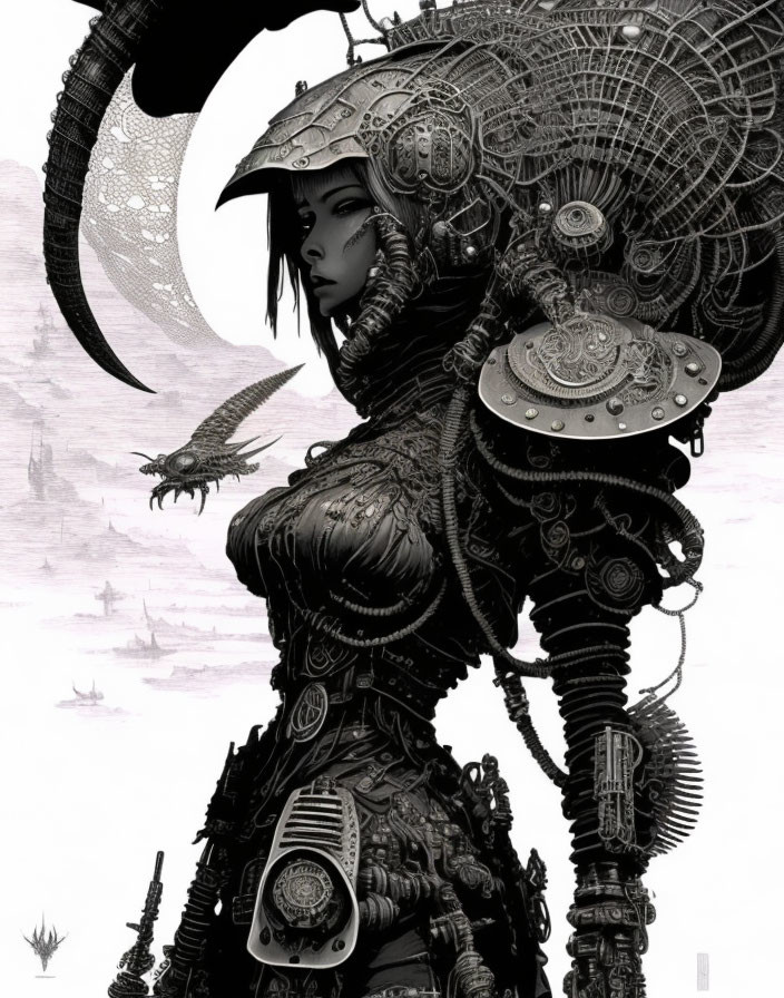 Monochrome futuristic armored female figure with mechanical details and horned helmet, surrounded by dragon-like creatures and