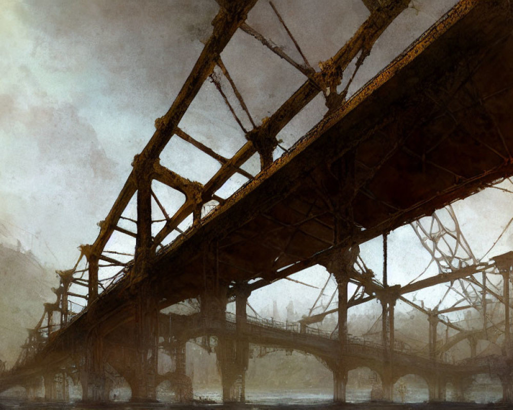 Sepia-Toned Image of Old Rusty Bridge Over Calm River