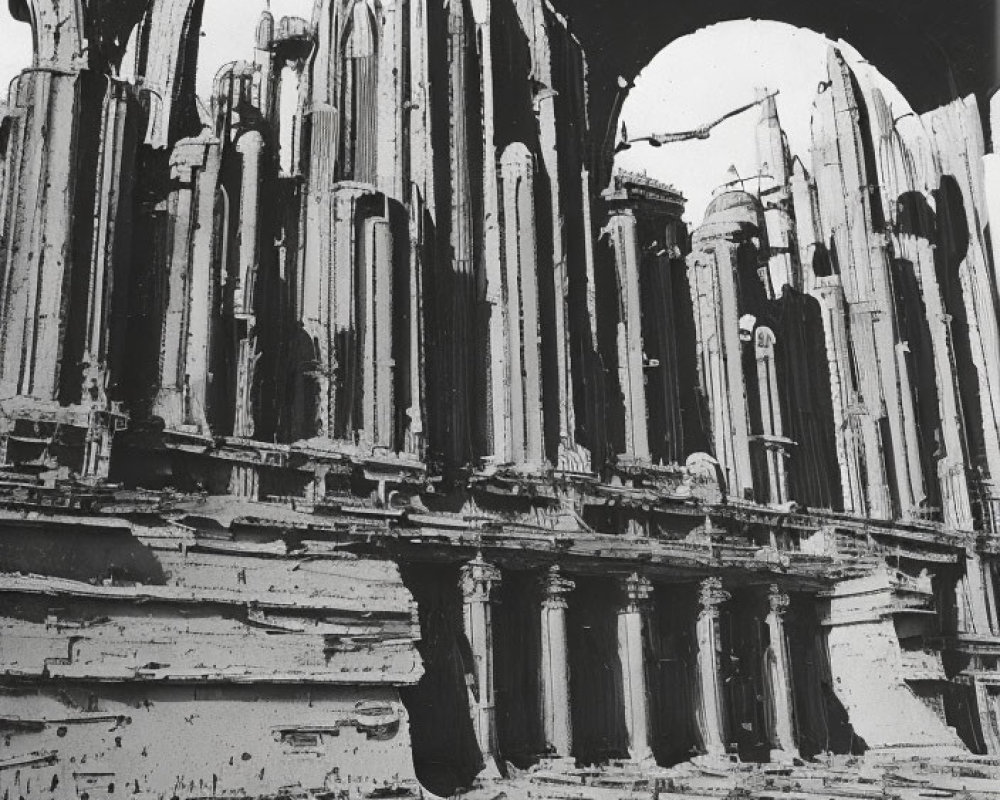 Monochrome artwork: Ancient grand columned structure with ruined facade