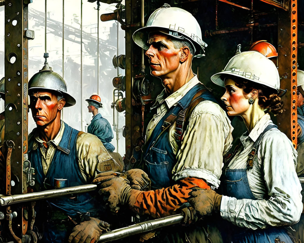 Three industrial workers in helmets and overalls with tools near heavy machinery