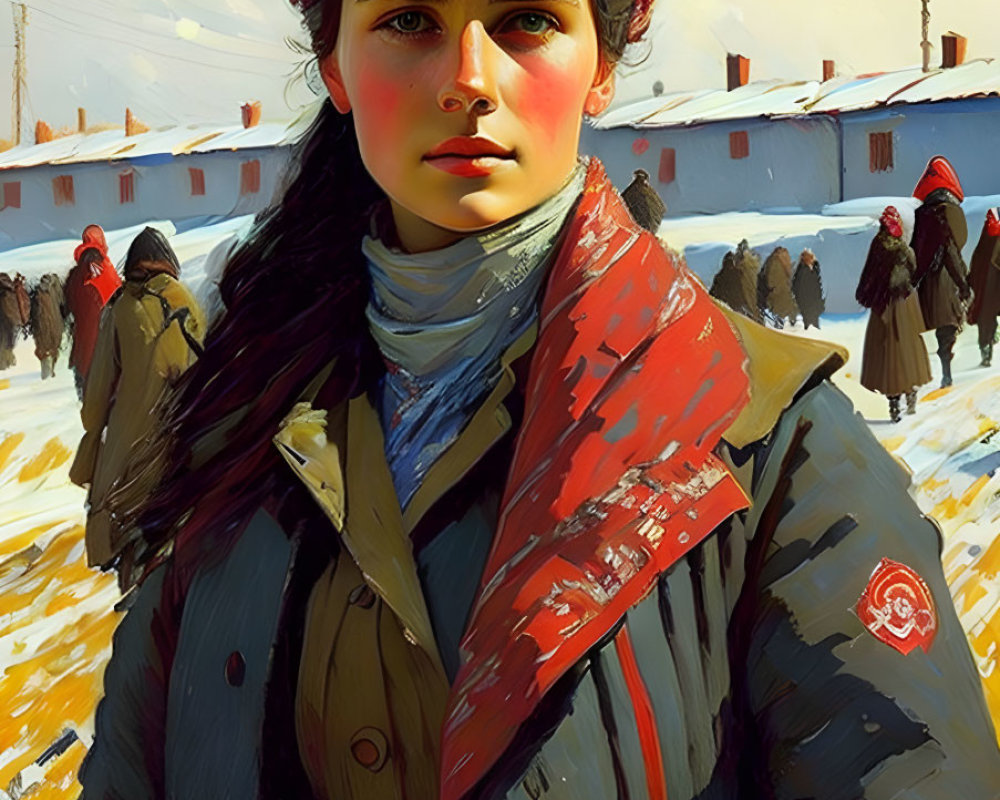 Digital painting of young woman in red headscarf in snowy scene